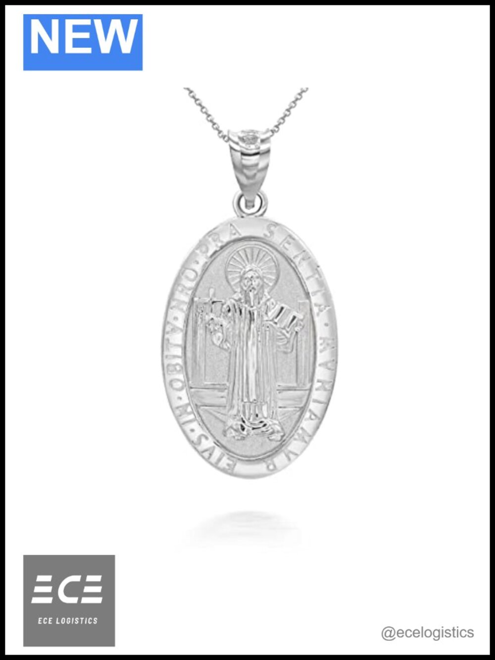 Sterling Silver St Benedict Oval Medal Pendant Necklace